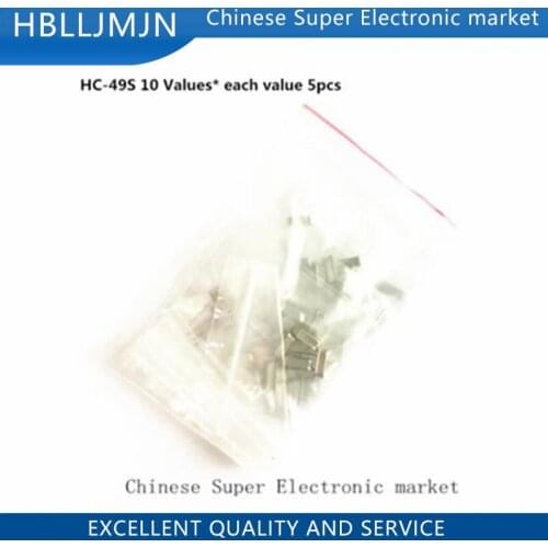 Crystal Oscillators HC-49S 10 Values* each value 5pcs Assortment Kit 4MHZ,6MHZ,8MHZ,12MHZ,16MHZ,20MHZ,24MHZ~27MHZ