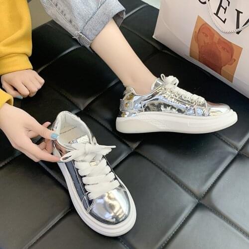 Women Board Shoes Mirror Leather Lace-Up Red Silver Rubber Non-slip Sneakers Female Spring Summer Comfort Walking Shoes