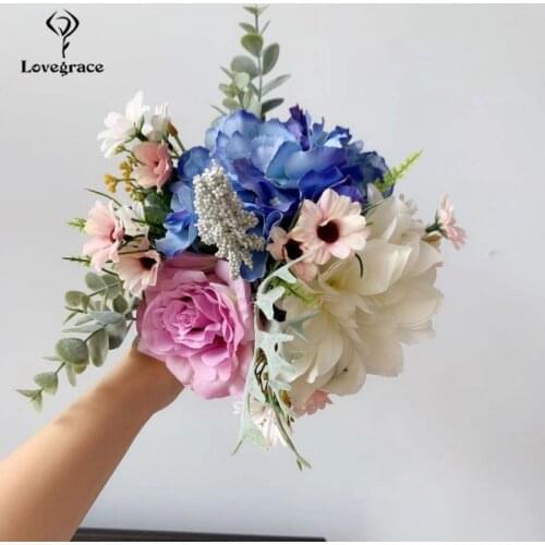 Lovegrace Artificial Wedding Roses Hydrangea Silk Flower Fake Dahlia Flower Bouquet Christmas Home Decoration Wedding Faux Flore