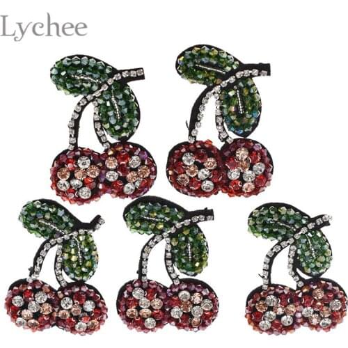 Lychee 5pcs Beaded Crystal Cherry Appliques Colorful Rhinestone Patches Handmade DIY Sewing Supplies Accessories
