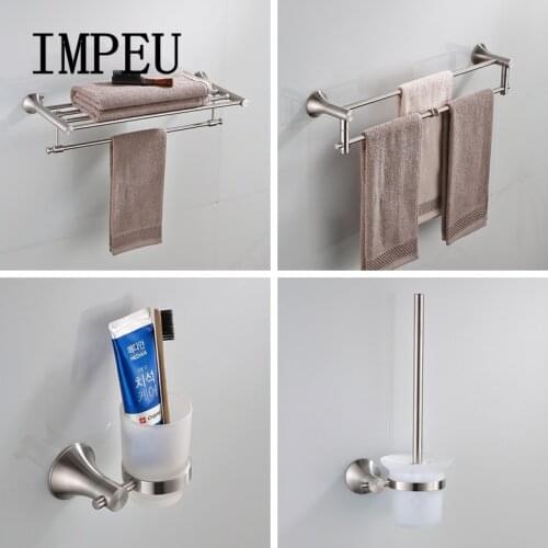 IMPEU Stainless Steel Nickel Brushed Bathroom Accessories Wall Mount Toilet Paper Holder Soap Dish Towel Shelf Bath Hardware Set