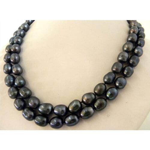 10-12mm baroque south sea black Natural pearl necklace 17-18" 14KGP yellow Clasp