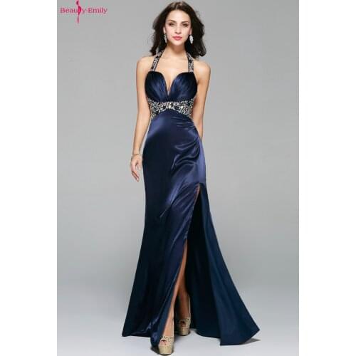 Beauty Emily Hanging V Neck Evening Dresses Rhinestone Satin Sleeveless Party Dress High Split Open Back Prom Gowns Vestido