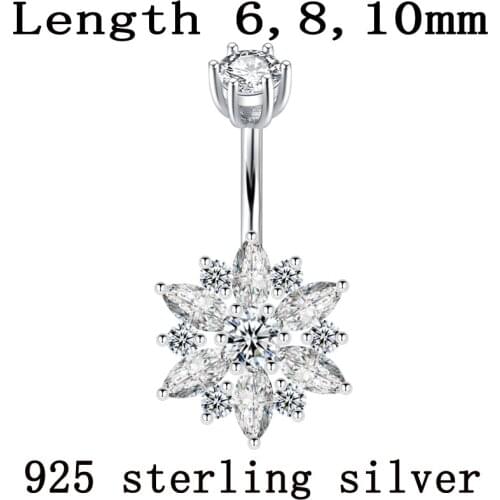 Belly button ring real 925 sterling silver women flower zircon clear stones body jewelry pure silver body piercing free shipping