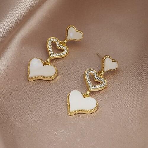Three Hearts Long Dangle Earrings Women Gold Alloy Love White Shell Hollow Peach Heart Crystal Rhinestone Earring Jewelry Gift