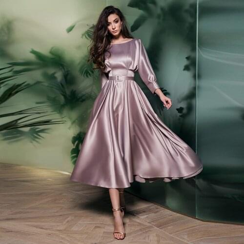 Modern Classic Dusty Rose Long Sleeves Prom Party Dresses Mid Calf Length Bateau Neck Wedding Guest Gowns Backless Sexy On Sale