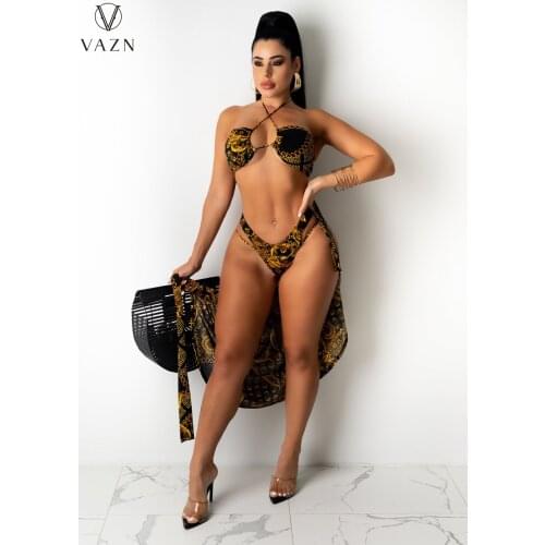 VAZN 2021 Leopard Summer Bandage V-Neck Sleeveless Elegant Street Clothing Suits 3 Piece Set Women Top And Pant