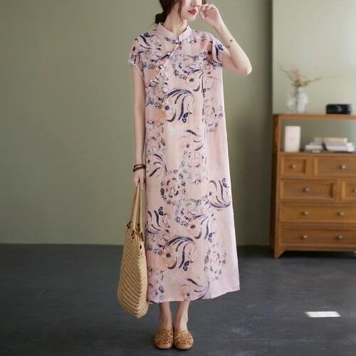 Print Floral Beading Chinese Style Vintage Dress cheongsam Robes 2021 New Arrival Thin Cotton Linen Loose Women Casual Dress