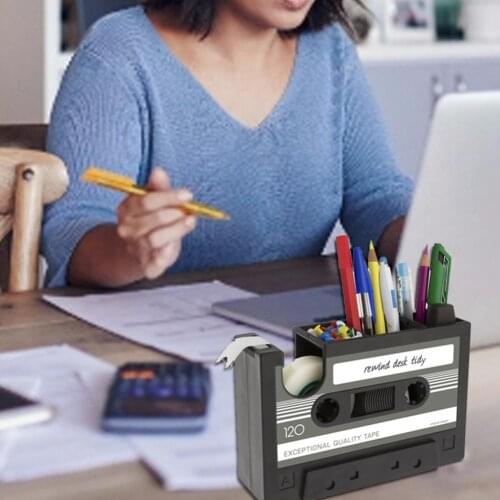 Retro Tape Tray Shape Tool Storage Box Creative Cassette Tape Dispenser Pen Holder Desk Tidy Container With Adhesive Tape