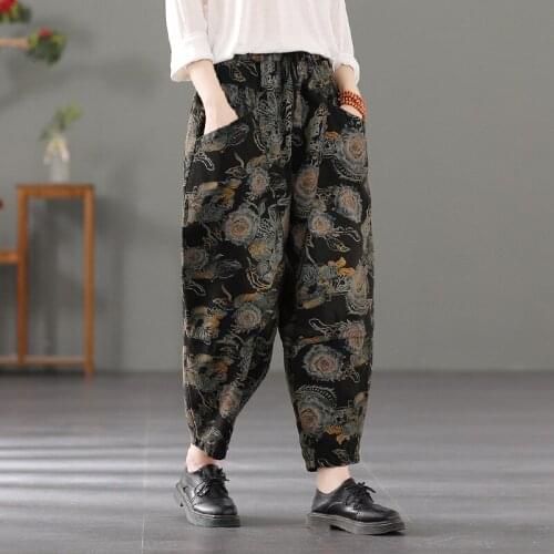 Johnature Women Harlan Denim Pants Vintage Elastic Waist Print Floral Belt Loose Casual Pants 2021 Autumn New Pocket Trousers