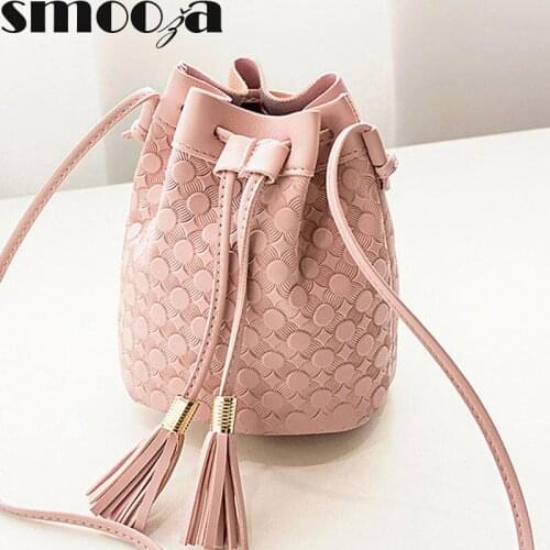 SMOOZA Women Shoulder Messenger Bags Tassel Bucket Handbags 2021 New Fashion Lingge Crossbody Bags Solid Color Leisure Mini Bag