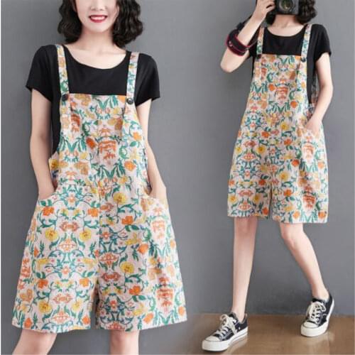#2344 Summer Casual Vintage Rompers Playsuits Women Floral Printed Overalls For Women Pockets Spaghetti Strap Wide Leg Playsuits