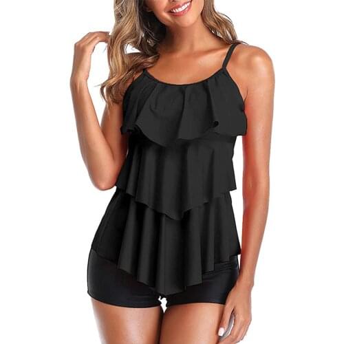 Women 2 Piece Flounce Printed Top With Boyshorts Tankini Swimwear Bikini Set Solid Color Ruffle Sexy Backless Купальники Женские