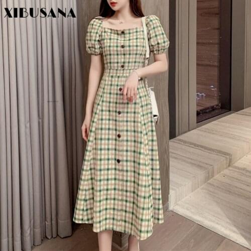 Women Elegant Plaid Dress 2021 New Summer Puff Sleeve Dresses Female Single-breasted Square Collar Slim Girl Casual Midi Dress