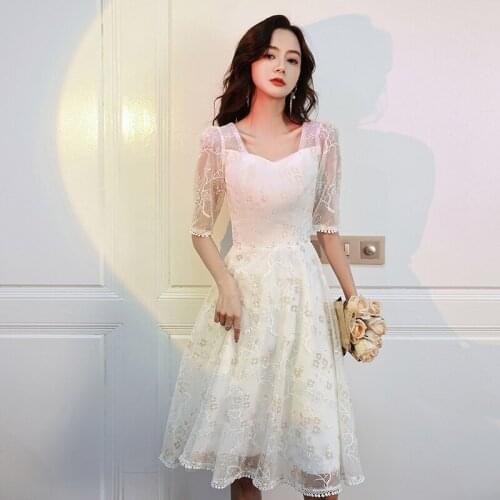 Evening Dress Floral Print Half Sleeves A-Line Pleat Tea-Length Fashion V-Neck Zipper Back New Woman Formal Party Gowns A1450