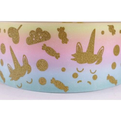3" 75mm gold glitter Unicorn grosgrain polyester ribbon gift wrap for DIY accessaries 10Y and 50Y/lot
