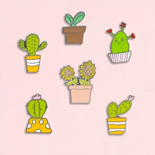 Plant Potted Enamel Pins Sunflower Sapling Cactus Brooch Denim Jean shirts bags Clothes Green Plant Jewelry gift for Friends