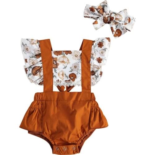 Citgeett Summer Cute 0-24M Toddler Baby Girl 2Pcs Set Floral Print Lace Ruffled Short Sleeve Bodysuit+Headband Infant Outfit