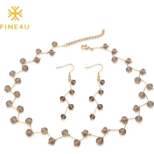 FINE4U N287 Handmade 6mm Glass Crystal Beads Necklace Earrings Sets Stainless Steel Wedding Party Jewelry Set Bohemia Jewelry