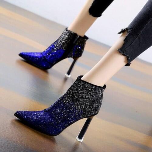 Short Boots Womens High Heel Pointed Toe Thin Boots Autumn and Winter Rhinestone Color Matching Martin Boots Womens Stiletto