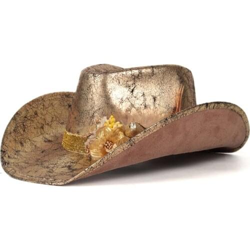Leather Western Cowboy Hat Women Outdoor Gold Rill Brim Jazz Hat Flower Sombrero Hombre Cowgirl Hat Size 58-59CM