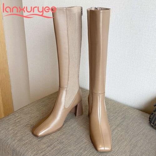 Lanxuryee 2020 genuine leather square toe high heel knitting boots young lady daily wear slip on convenient knee high boots L41