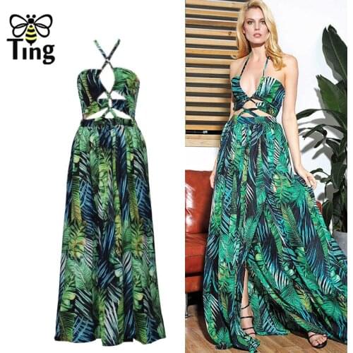 Tingfly Summer Bohemian Tropical Print Sexy Hot Open Cut Lace Up Dress Strap Split Long Dress Backless Boho Elbise Robes Zevity