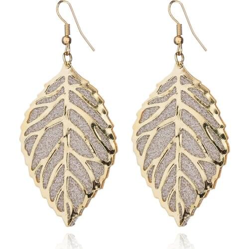 Hot sale gold and silver color frosted leaf earrings women creative metal simple drop earrings hollow design female fashion jewe