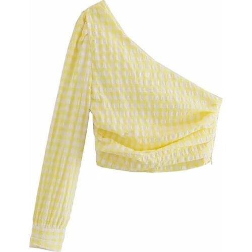 Merodi Womens Fashion Skew Collar Long Single Sleeve Short Blouse Summer Chic Girls 2021 New Yellow Plaid Print Slim Shirt Tops