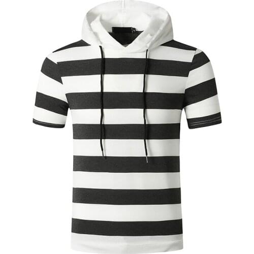 Mens Slim Fit Short Sleeve Striped Hooded T Shirt Athletic Running Gym Workout Tee Shirt Homme Hipster Streetwear T-shirt Men