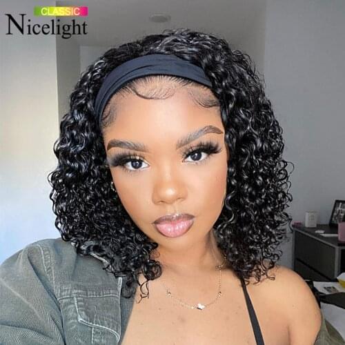 Nicelight Indian Water Wave Bob Human Hair Curly Headband Wigs For Black Women 180% Density Glueless Easy Wear Machine Made Wig