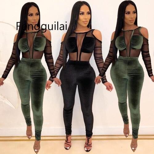 New Womens Autumn Casual Shinny Bodycon Two Piece Set Outfits Jumpsuit Sets Nightclub Sexy Velvet Long Sleever Mesh Set Black