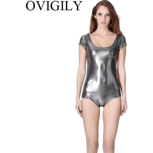 OVIGILY Womens Metallic Short Sleeve Leotard Lycra Spandex Scoop Neck Stretch One Piece Ballet Dance Leotards Bodysuit Dancewear