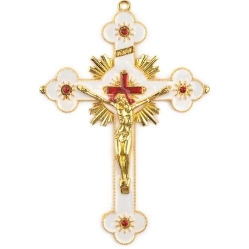 Religious Golden Jesus Crucifix Large Size 120x85mm Red White Catholic Cross Pendant