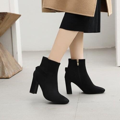 Sweet bow square head thick heel womens short boots suede bow high heel short boots large 45 46 47 48