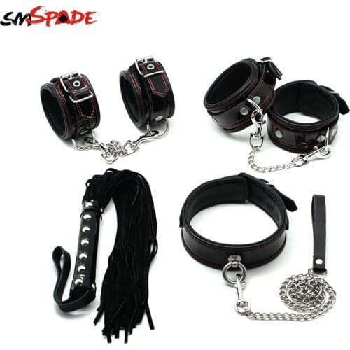 SMSPADE Sex Toys for Couples Genuine Leather Restraint Kit Hand & Ankle Cuffs Collar Whip Sex Bondage Slave Restraint sm Toys