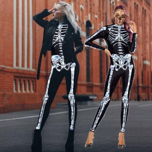 Scary Jumpsuit Skeleton Halloween Cosplay Costumes for Women Slim Zentai Skull Sexy Outfit Carnival Party Streetwear Fashion