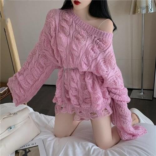 Hollow Out Korean O-Neck Sweater Solid Lace Knitting Sweater All-Match 2021 Casual Autumn Loose Fashion Gentle Womens clothing