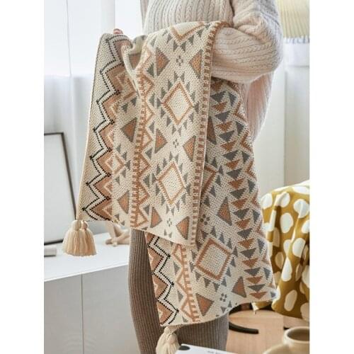150X130cm Knitted Triangle Ethnic Style Tasseled Sofa Throw Restro Couch Blanket Soft Bed Runner ins photographic Throw Blanket