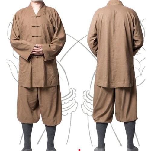 UNISEX gray/khaki/yellow linen&cotton buddhist shaolin monks kung fu suits meditation lay uniforms zen abbot nun buddha clothing