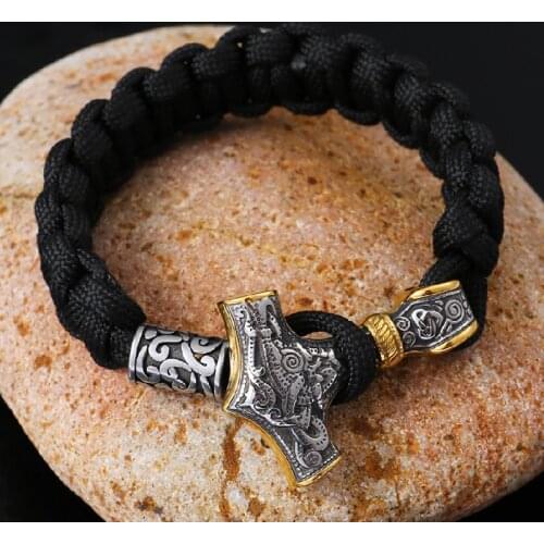 Norse Vikings Stainless Steel Bracelets Men Thor Mjolnir Hammer Lanyard Rope Wrap Bracelet Women Amulet Handmade Jewelry Gifts