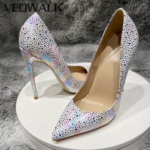 Veowalk Laser White Spotted Women Pointed Toe Stiletto Pumps Gorgeous Ladies Slip On High Heel Wedding Party Shoes Size 11 12