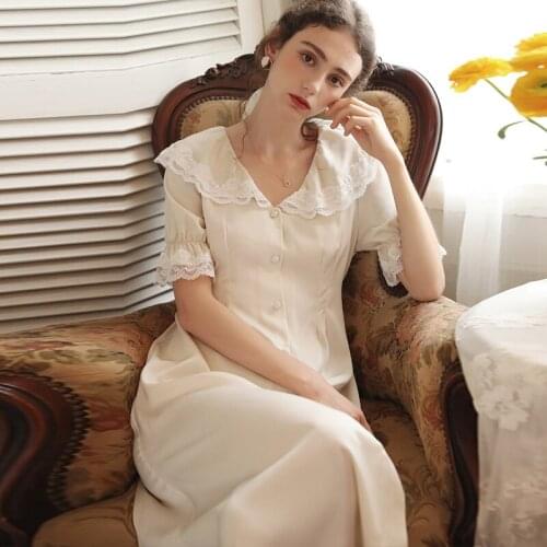 Women Satin Nightgown Romantic Ice Silk Lace Collar Peignoir Sleep Shirts Long Night Dress Victorian Vintage Princess Sleepwear