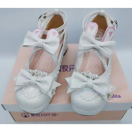 Women High Heels Shoes 2021 New Lolita Laser Fabric Rabbit Ear Bow Crescent Lace Thick Heeled Ladies Single Shoes