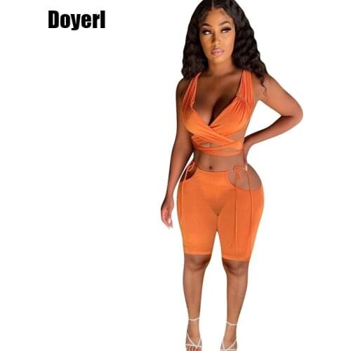 Bandage Sexy 2 Piece Short Set Women Matching Sets Summer Vacation Outfits Crop Top Stretch Hollow Out Two Piece Biker Short Set