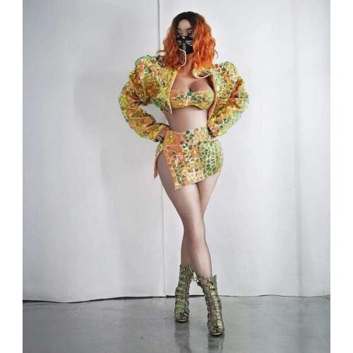 Full Gold Mirror Sequins Jacket Bra Skirt Outfit Birthday Celebrate Prom Lady Costume Women Jazz Dancer DS Show Outfit Set