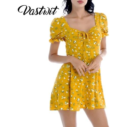 Drawstring Ruched Front Puff Sleeve Floral Dress Women Summer Yellow Backless Elegant Vacation beach Sundress