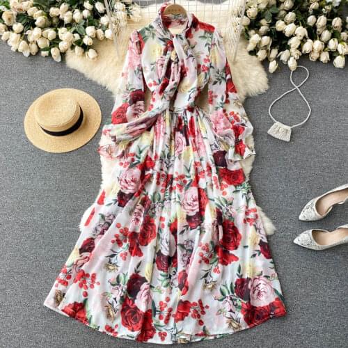 SINGREINY Women Chiffon Print Dress Elegant French Long Sleeve O Neck A-line Dress Autumn Boho Casual Vacation Long Dress+Scarf