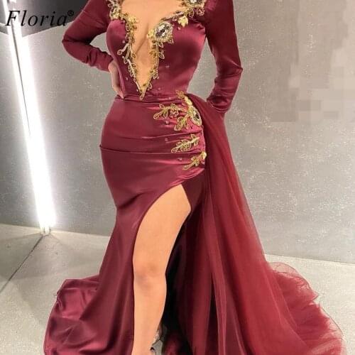 Newest Burgundy Formal Evening Dresses 2020 Long Sleeves Formal Evening Gowns With Gold Appliques Mermaid Cocktail Dress Robe