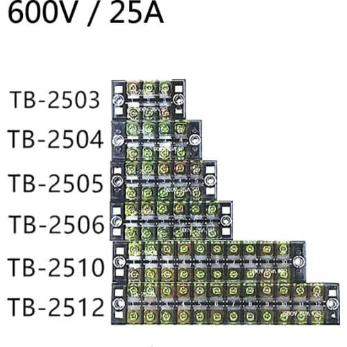 1Pcs Dual Row Screw Terminal Block Strip 600V 25A TB-2503 TB-2504 TB-2505 TB-2506 TB-2510 TB-2512 Wire Connector Wiring tool